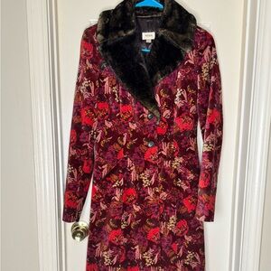 Fossil Floral Velvet Trench Coat with Black Faux Fur Collar